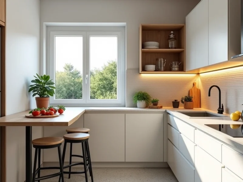 Cozinha pequena remodelada com armários claros e ilha estreita de preparação