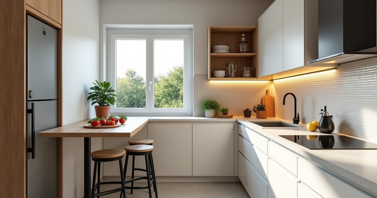 Cozinha pequena remodelada com armários claros e ilha estreita de preparação