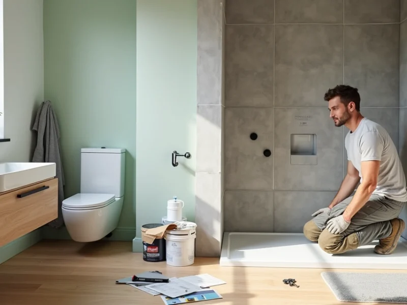 Canalizador instalando base de duche numa casa de banho moderna em obra