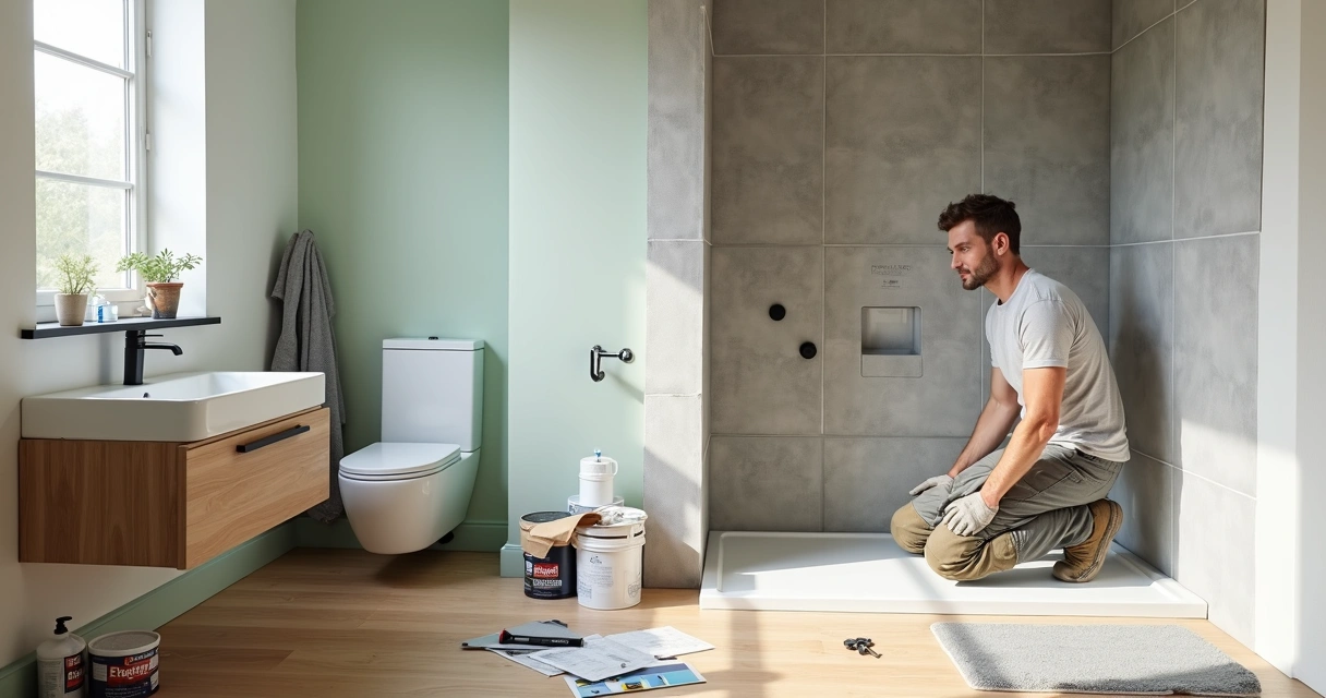 Canalizador instalando base de duche numa casa de banho moderna em obra