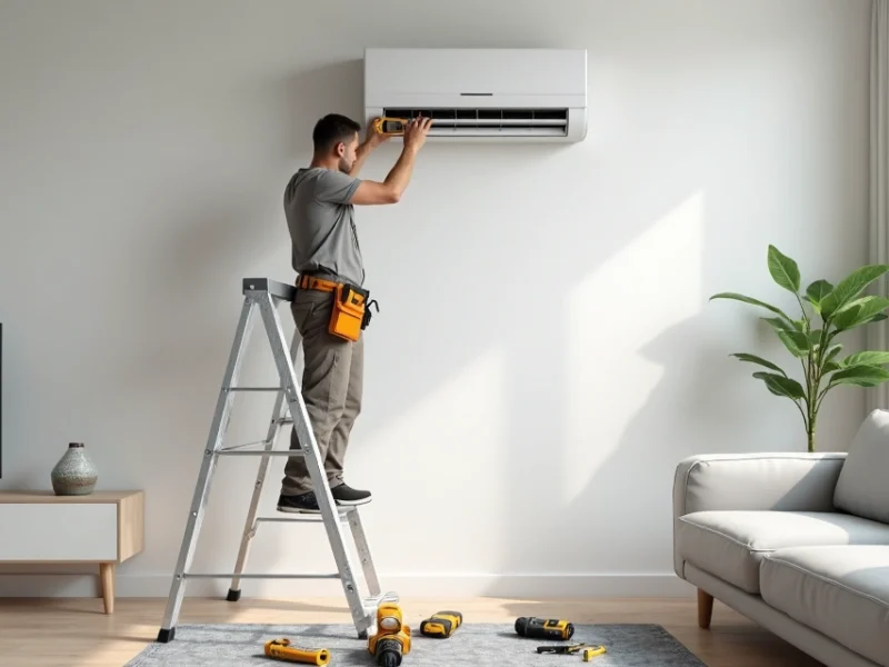 Técnico instalando unidade interna de ar condicionado split em sala residencial clara