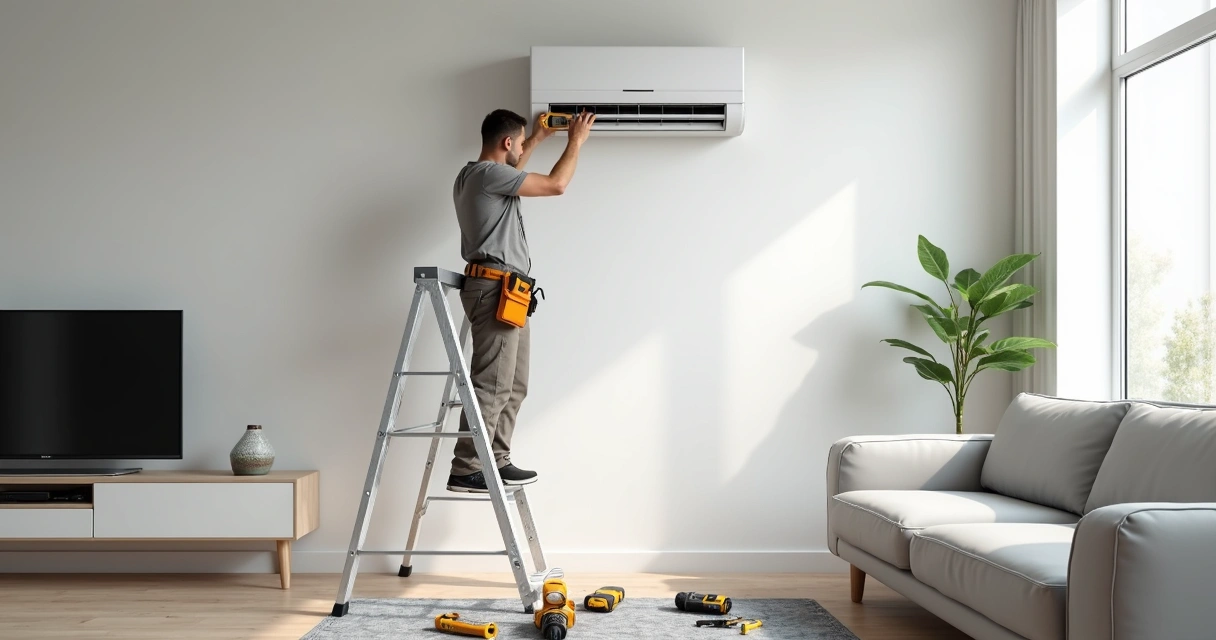 Técnico instalando unidade interna de ar condicionado split em sala residencial clara