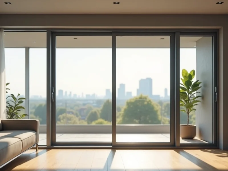 Janela de esquadria de alumínio grande em sala moderna com vista urbana