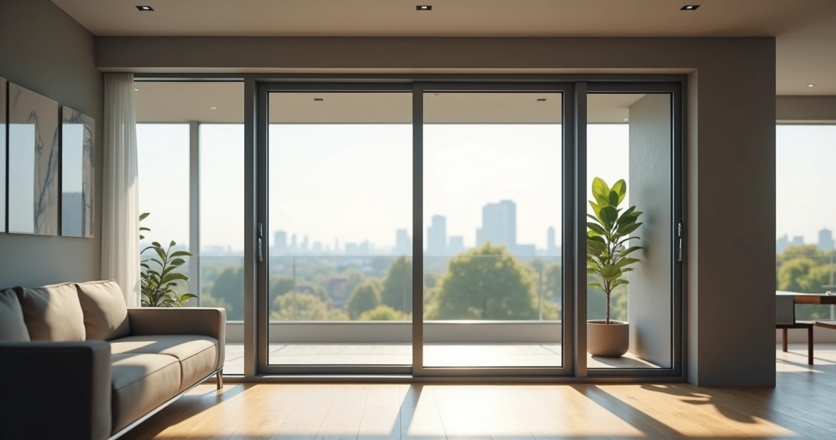 Janela de esquadria de alumínio grande em sala moderna com vista urbana