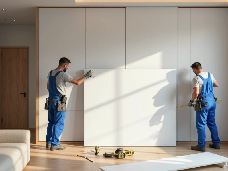 Instalação de gesso acartonado em sala residencial moderna com divisória em construção