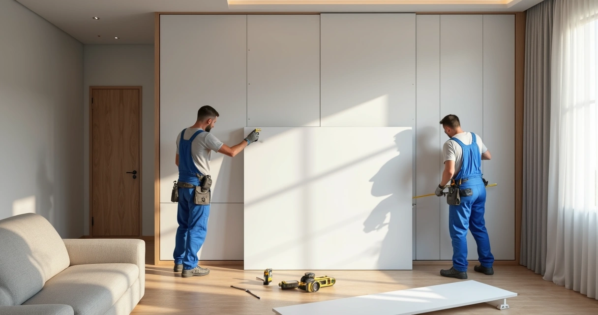 Instalação de gesso acartonado em sala residencial moderna com divisória em construção