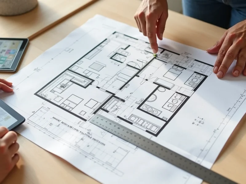 Mesa com planta baixa de apartamento e mãos organizando remodelação residencial