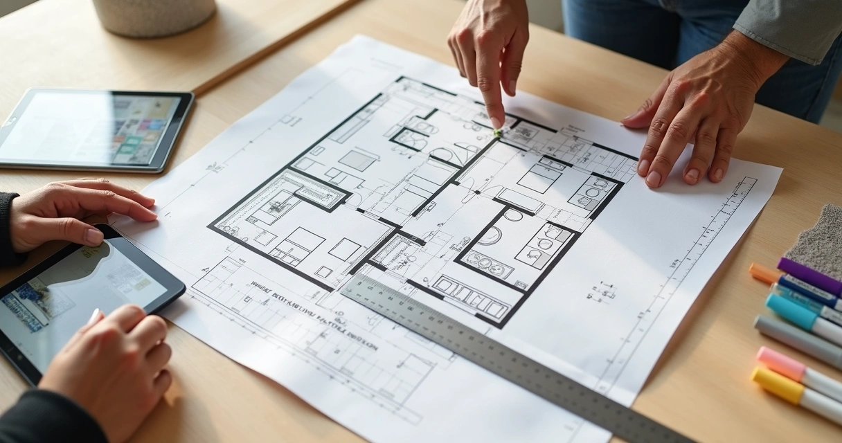 Mesa com planta baixa de apartamento e mãos organizando remodelação residencial
