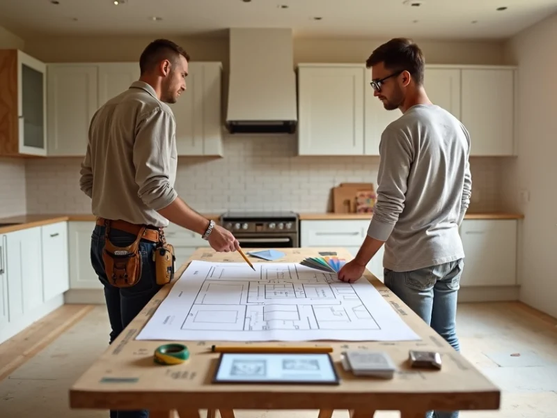 Duas pessoas planejando remodelação de cozinha numa estrutura ainda em obra