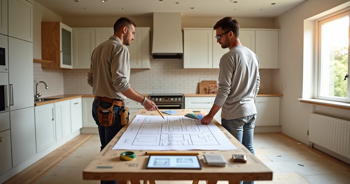 Duas pessoas planejando remodelação de cozinha numa estrutura ainda em obra
